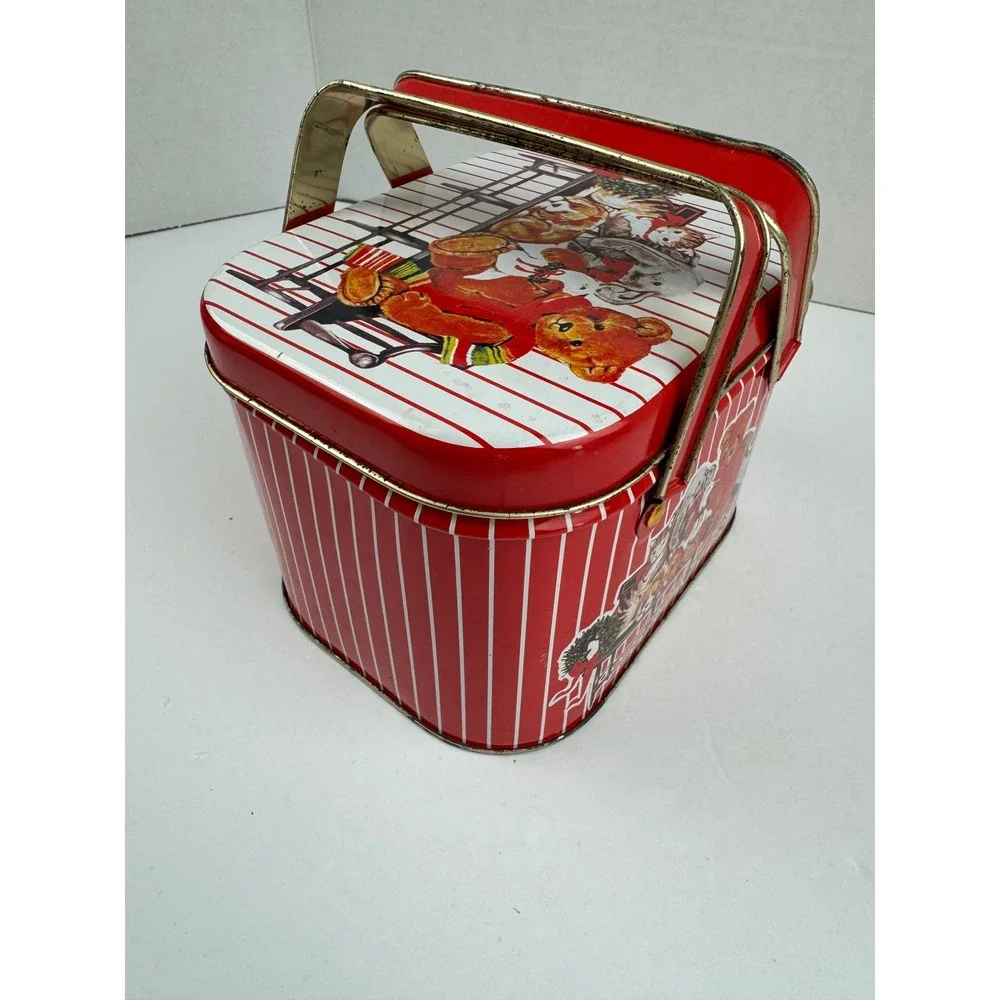 Vintage Christmas Holiday Tin Teddy Bear Cat Dog Picnic Basket Style Red White